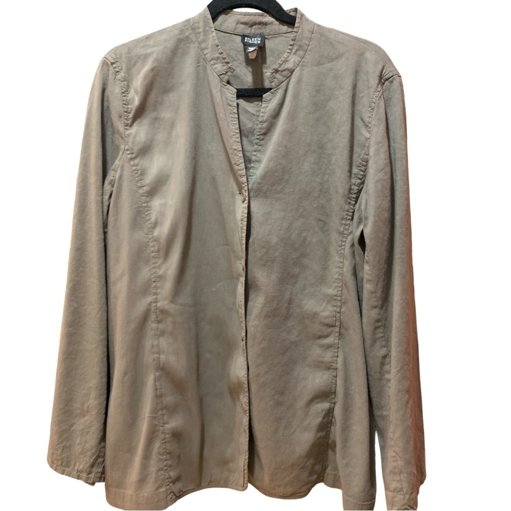 Eileen Fisher womens olive green linen blend button-shirt band collar size large